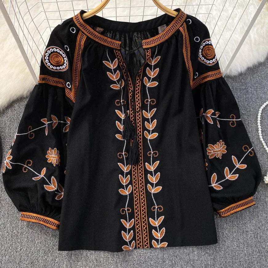 Women's Boho Floral Embroidery Blouse | Lantern Sleeve Loose Cotton Linen Top | Vintage Beach | TEELYNN