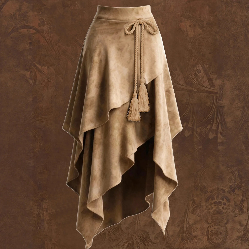 Women's Vintage Suede Midi Skirt | Asymmetric A-Line Boho Skirt | Retro Street Style