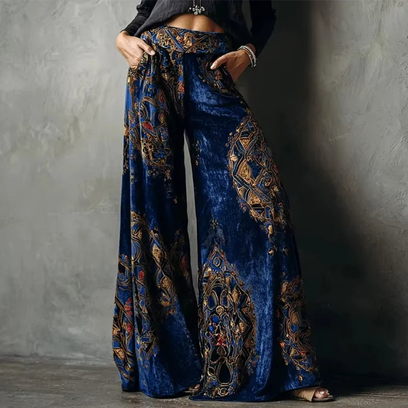 Women's Wide Leg Velvet Trousers – Ethnic Paisley Print High Waist Vintage Pants | Autumn Winter