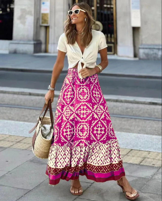 Women's Boho Chiffon Swing Midi Skirt | Elastic Waist Geometric Print | Beach & Daily Wear