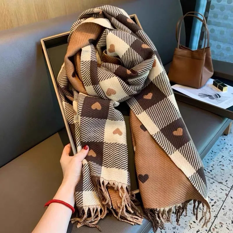 Women's Plaid Heart Print Blanket Scarf – Thick Warm Shawl Wrap | Autumn Winter
