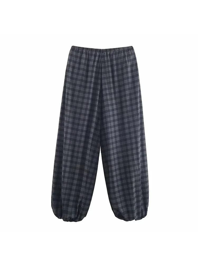 Women's Plaid Bloomers Pants – High-Waist Drawstring Loose Trousers
