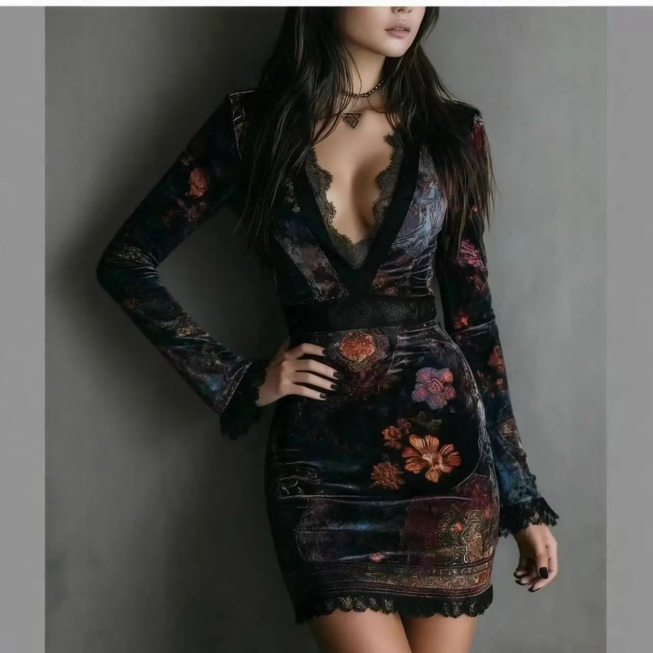 Velvet Floral Lace Trim Bodycon Dress – Deep V-Neck Long Sleeve | Women's Elegant European Style