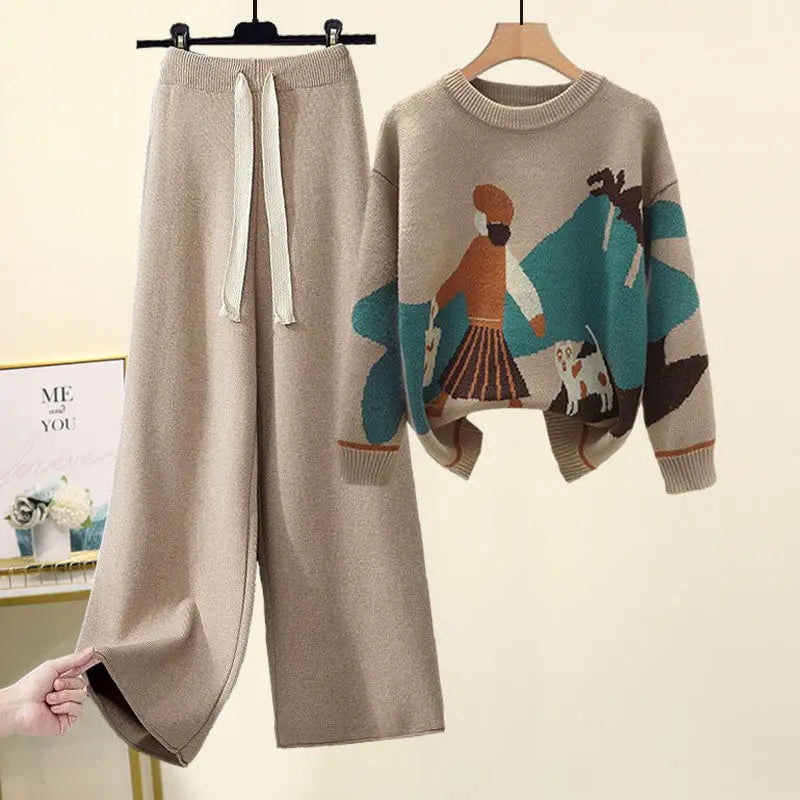 Women's Knitted Sweater & Wide Leg Pants Set – Loose Casual 2-Piece Autumn Outfit