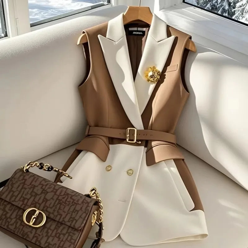Women's Color Block Blazer Vest | Sleeveless Waistcoat Retro England Style | Adjustable Waist | Spring Summer | JBOLID