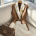 Women's Color Block Blazer Vest | Sleeveless Waistcoat Retro England Style | Adjustable Waist | Spring Summer | JBOLID