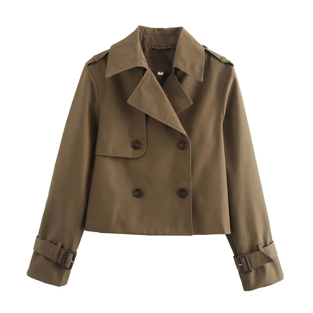 Women's Vintage Cropped Trench Coat | Double Breasted Streetwear Jacket | All Season | MOXFCIZO