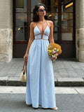 Striped Backless Halter Maxi Dress – Sexy Sleeveless Beach Party Dress for Women