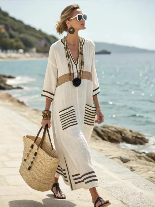 Stripe Print Pocket Maxi Dress – Loose V-Neck Short Sleeve | Women's Holiday & Office Wear