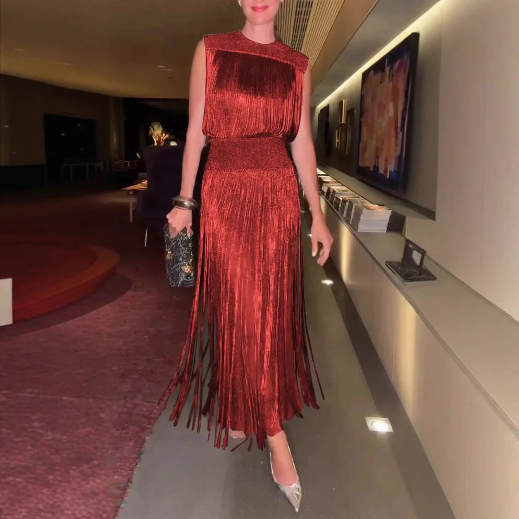 Two-Piece Tassel Dress Set – Sleeveless Hollow Out Evening Party Dress for Women