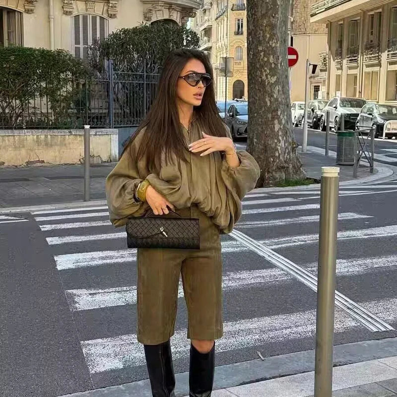 Women's Oversized Bomber Jacket | Puff Sleeve Zip-Up Streetwear Coat | Vintage Casual | Army Green & Beige