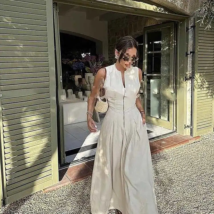 Women's French Style Sleeveless Maxi Dress – Elegant Ankle-Length Street Chic