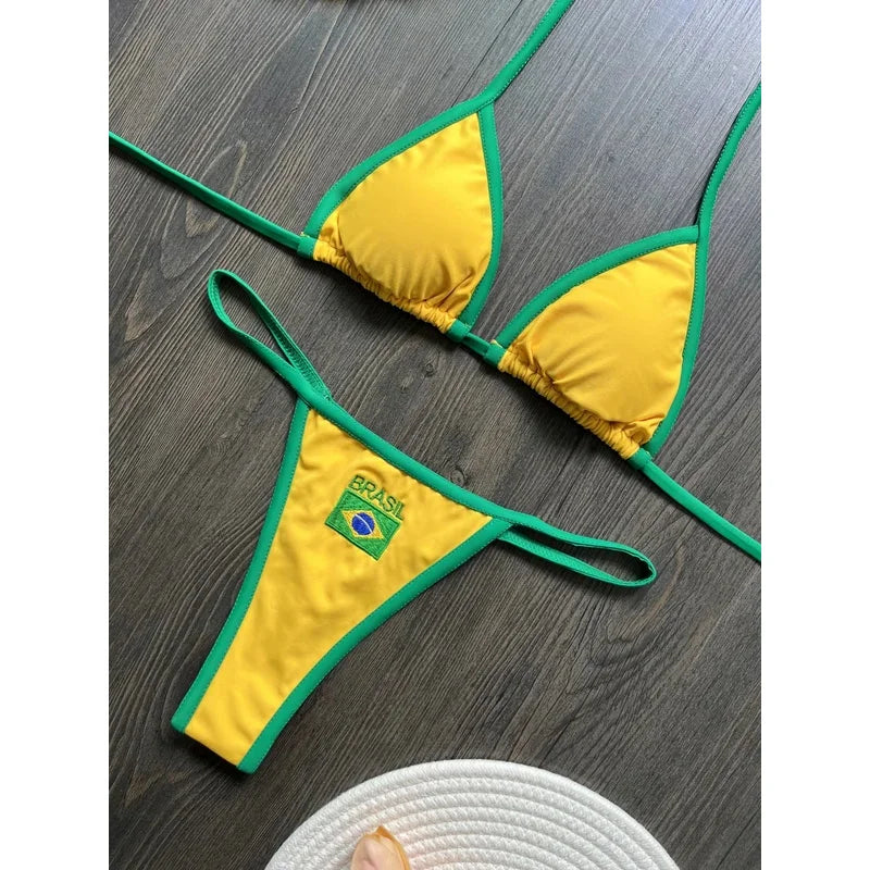Biquíni Bordado Bandeira do Brasil Patchwork Feminino com Bojo Sem Aro Verão 2026 S M L