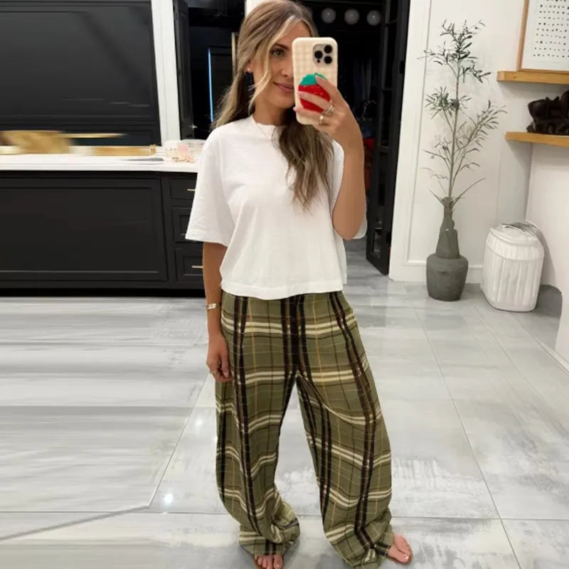 Women's Plaid Wide Leg Pants | Vintage Baggy Pleated Trousers | Mid Waist Casual | MUJER