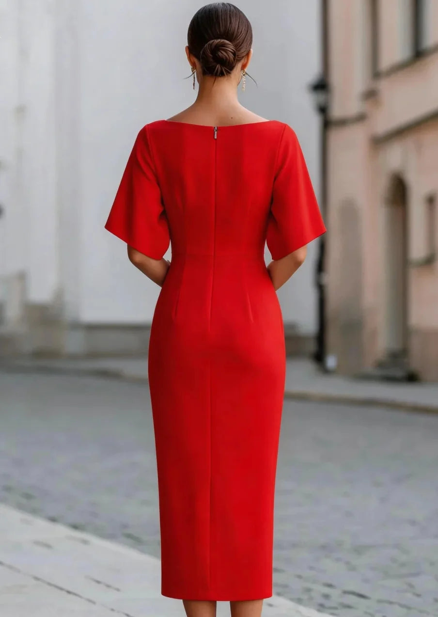 Elegant Slash Neck Midi Dress – Fitted Waist | Women's Formal & Party Wear