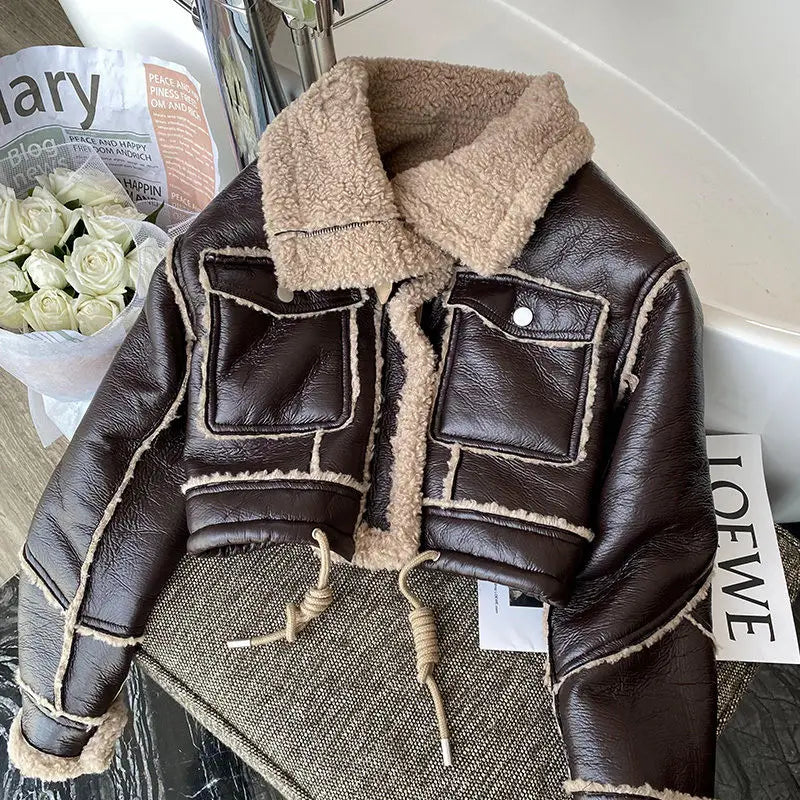 Women's Faux Leather Moto Jacket – PU Plush Lined Short Coat | High Street Style
