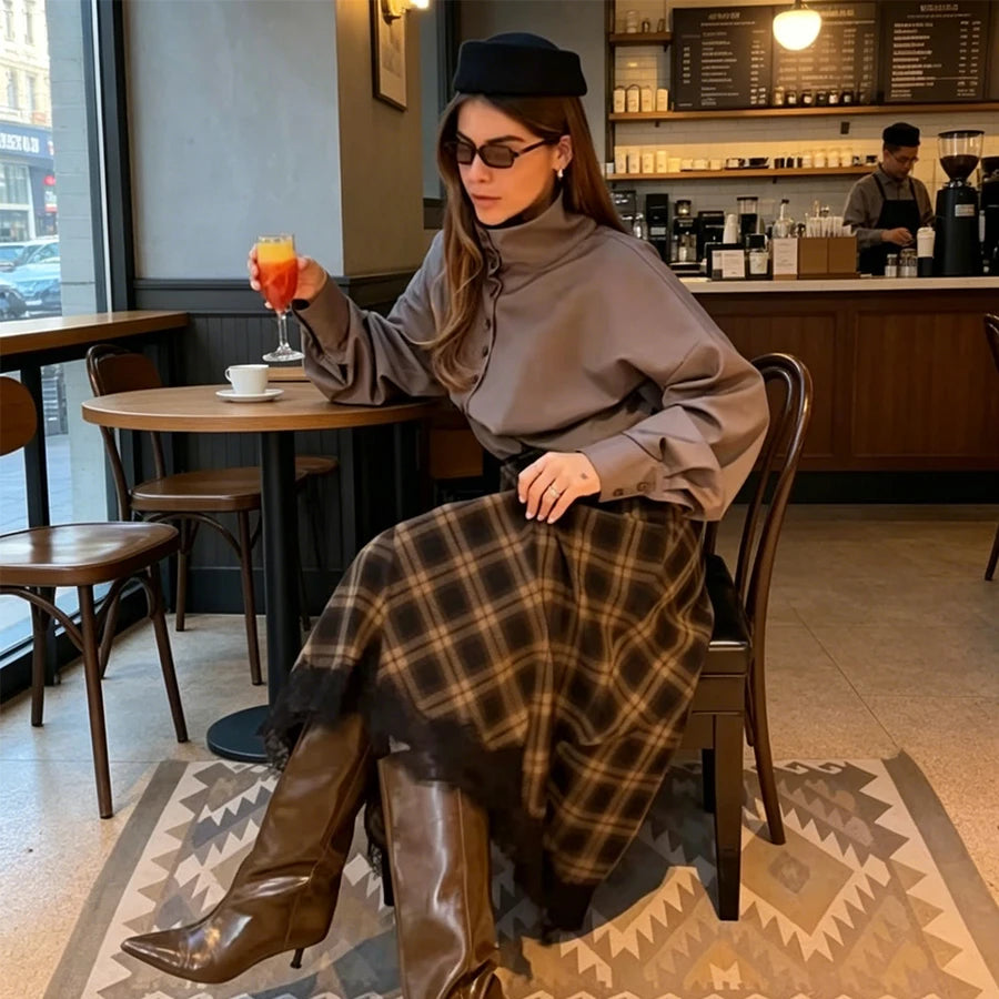 Women's Vintage Plaid Midi Skirt – Lace A-Line Knee-Length | Casual & Dinner