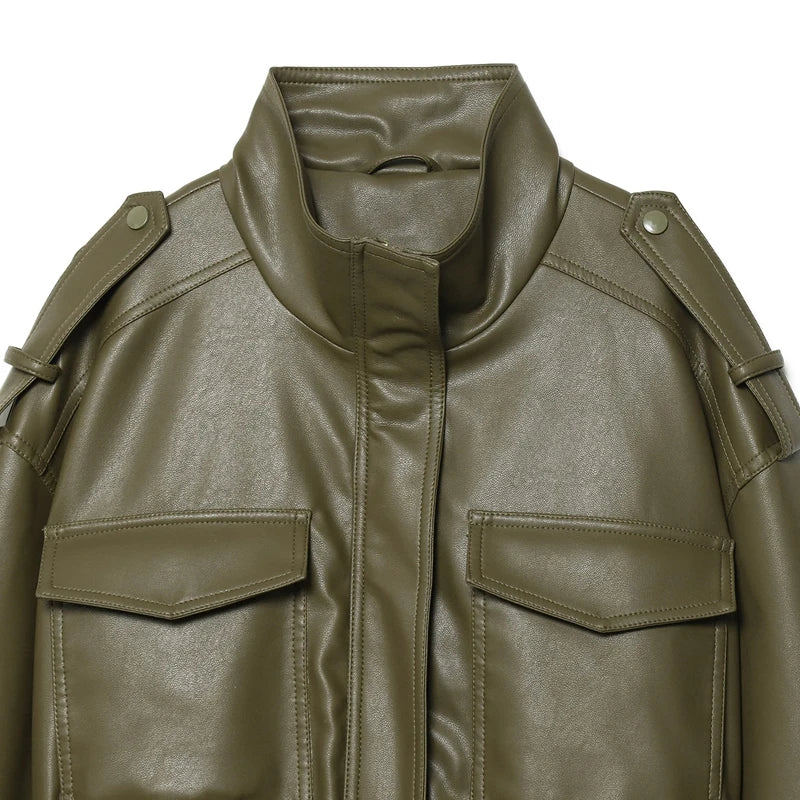 Women's Army Green Faux Leather Jacket – Streetwear Windbreaker Coat | Autumn