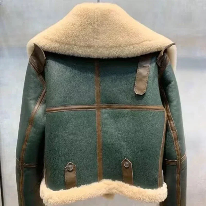 Women's Green Short Jacket – Faux Fur Lining Winter Coat | Korean Streetwear Style