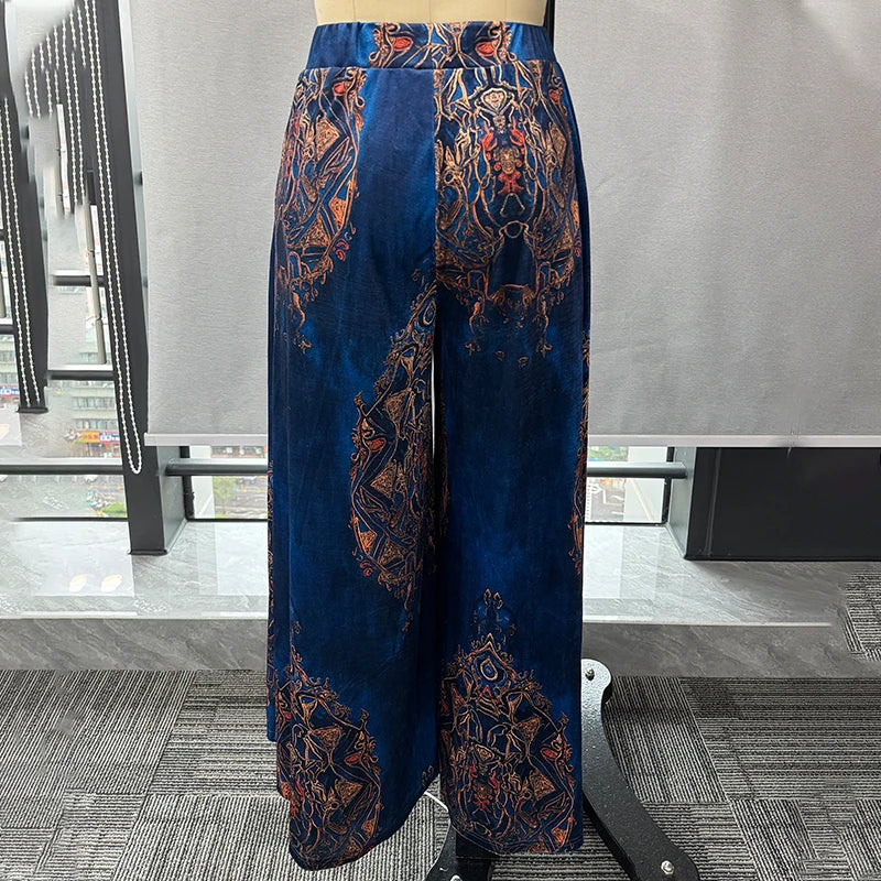 Women's Wide Leg Velvet Trousers – Ethnic Paisley Print High Waist Vintage Pants | Autumn Winter