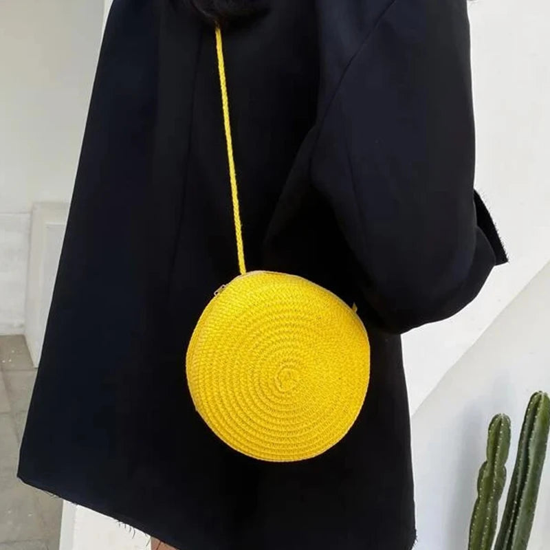 Bolsa de Palha Redonda Transversal Minimalista Feminina com Fecho Zipper 5 Cores