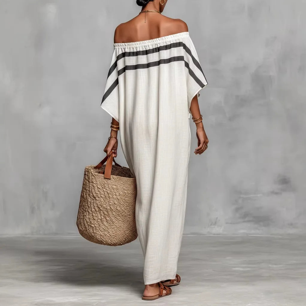Women's Striped One-Shoulder Maxi Dress – Retro Beach Vacation Dress