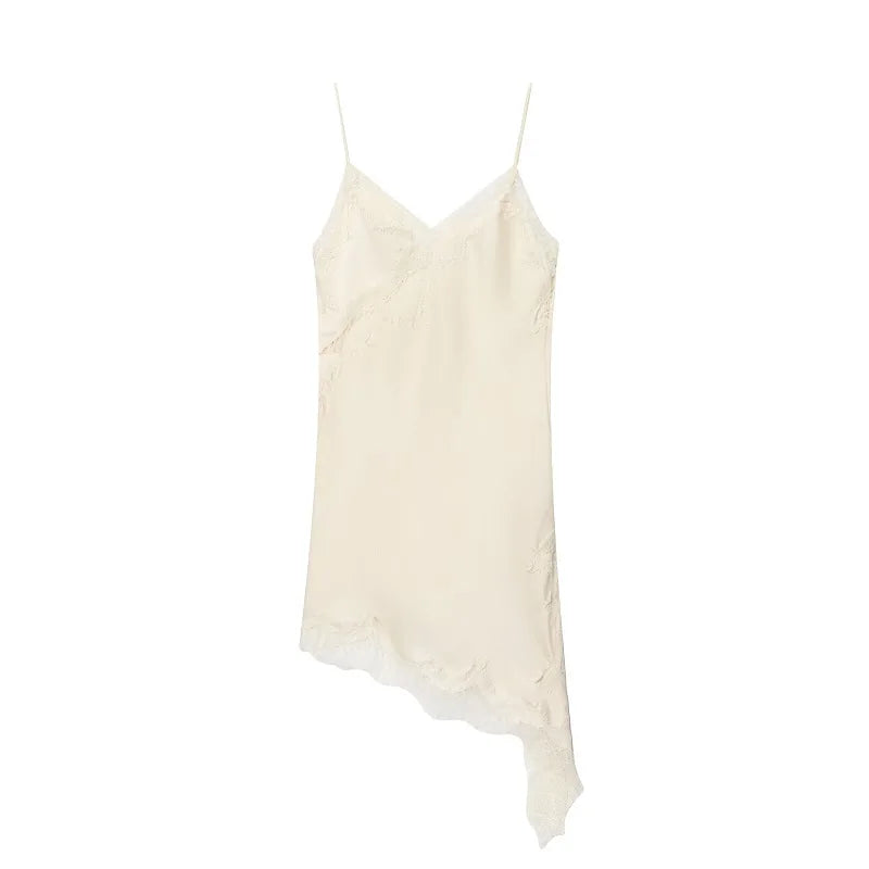 Women's Lace Slip Mini Dress – Backless Asymmetric Spaghetti Strap Party Dress