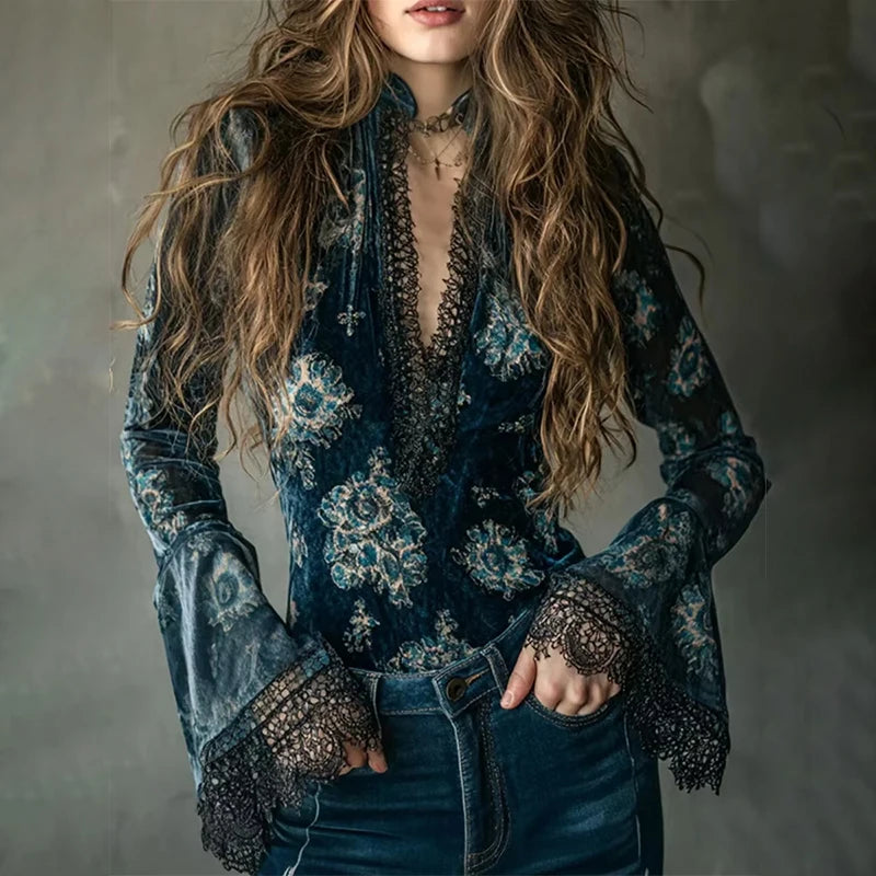 Women's Lace Flare Sleeve Blouse | Floral V-Neck Slim Fit Top | Boho Elegant Chic