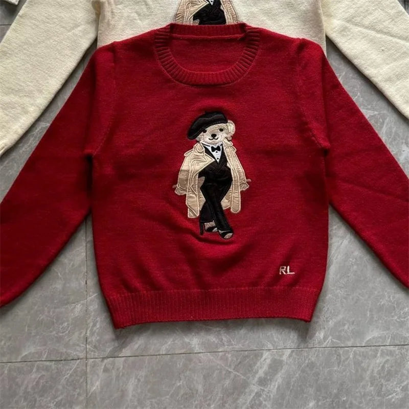 Women's Bear Embroidered Cashmere Sweater | Preppy Cartoon Knit Pullover | Round Neck | Autumn Winter | CBAFU