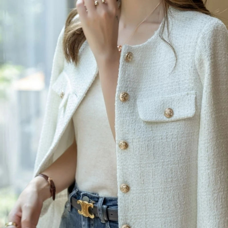 Women's French Tweed Short Coat – Gold Button Slim Jacket | Office Lady Style