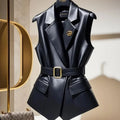 Women's Black Blazer Vest Jacket – Sleeveless V-Neck Notched Coat | British Style