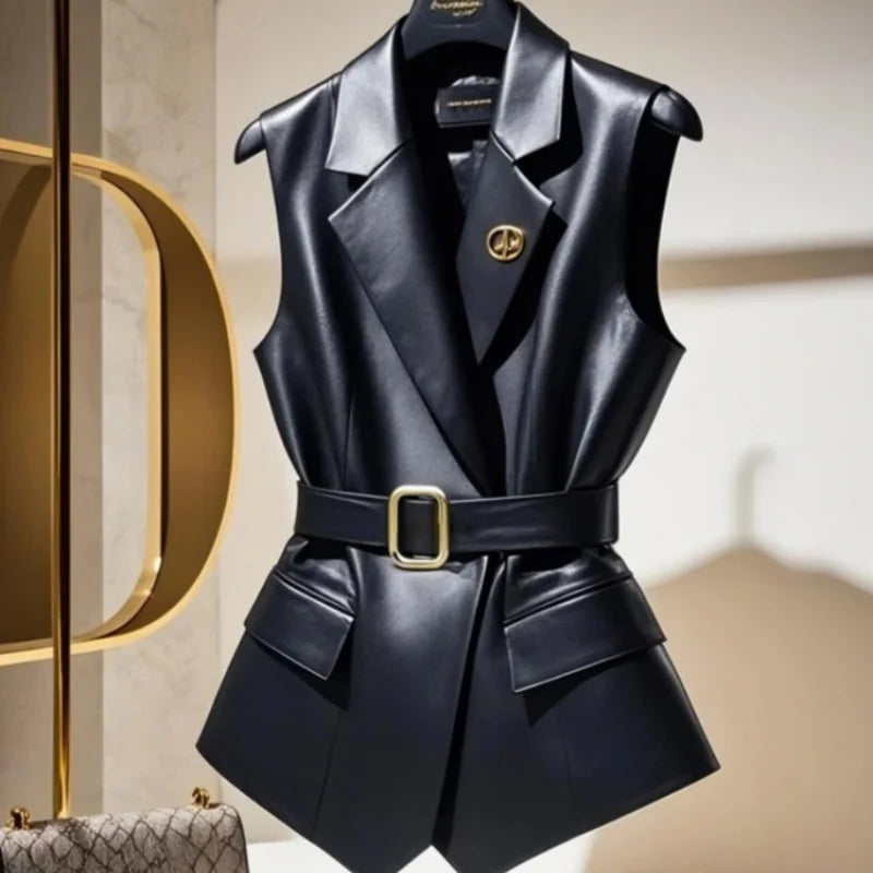 Women's Black Blazer Vest Jacket – Sleeveless V-Neck Notched Coat | British Style