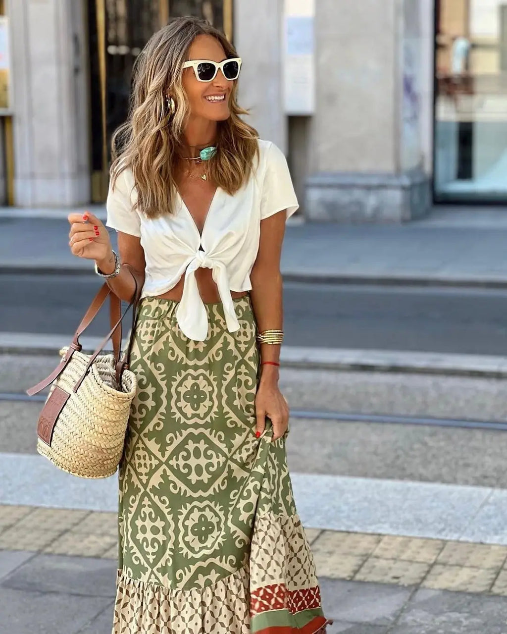 Women's Boho Chiffon Swing Midi Skirt | Elastic Waist Geometric Print | Beach & Daily Wear