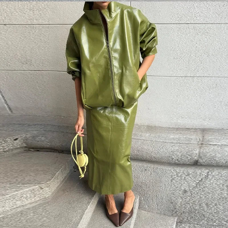 Women's Leather 2-Piece Set | Jacket & Skirt, Pants or Dress | Street Style Party Suit | Autumn