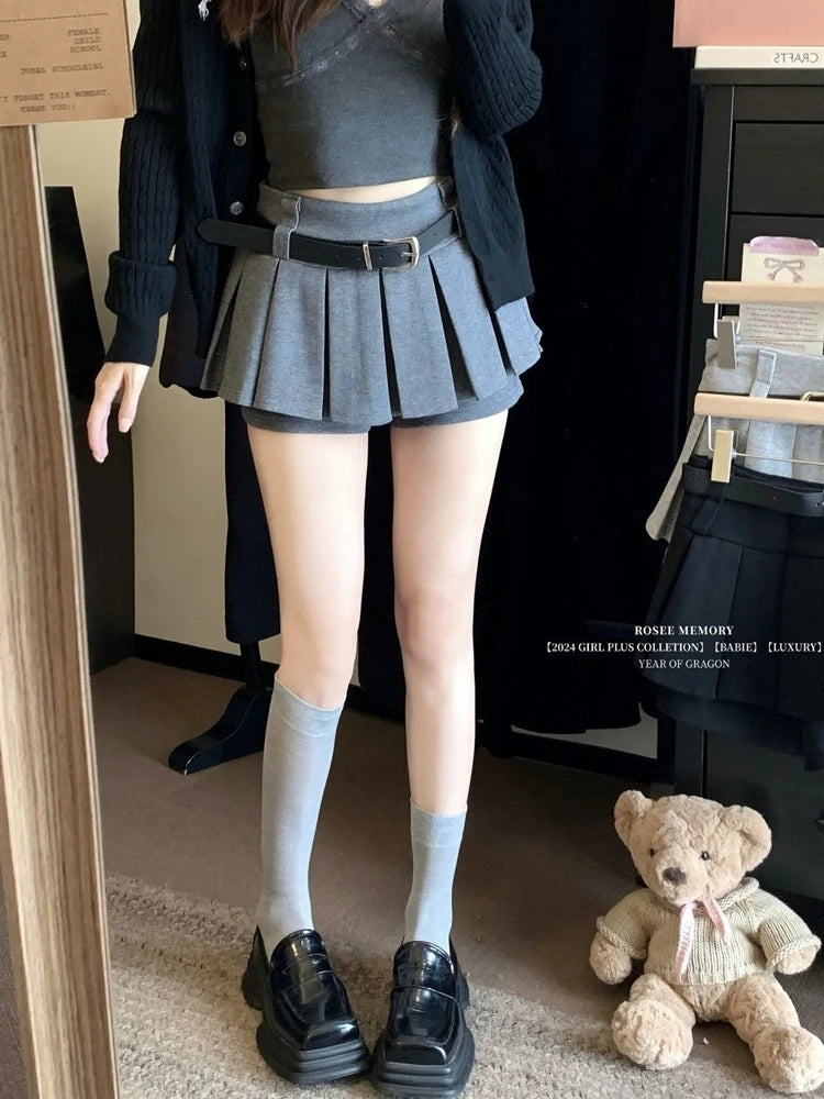 Women's High-Waist Pleated Mini Skirt – Anti-Light Slim Fit Autumn Winter Short Skirt with Belt
