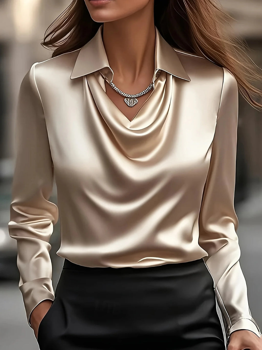 Plus Size Satin Blouse – Pleated Draped Collar Long Sleeve | Women's Elegant Office & Outdoor Wear