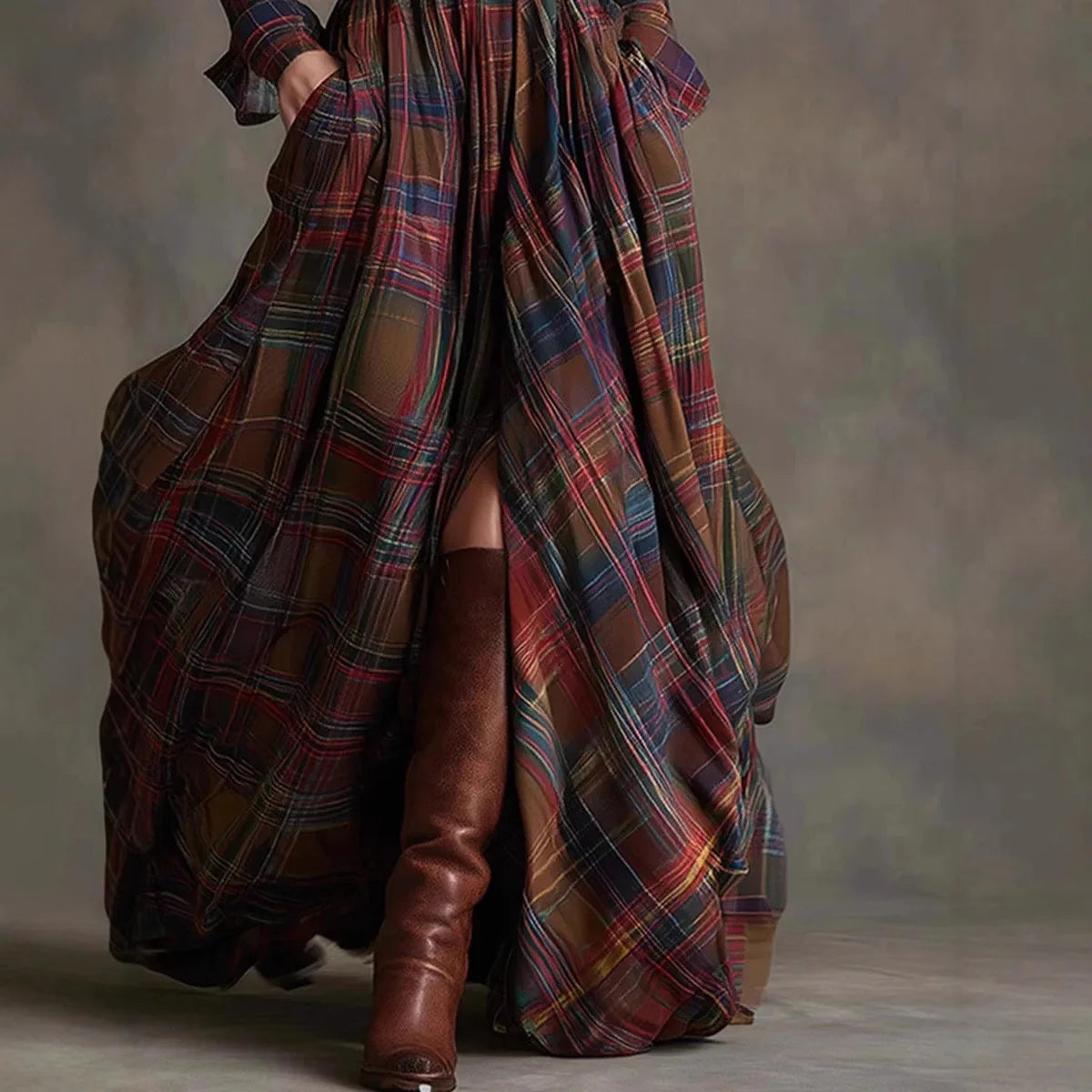Plaid Shirt Maxi Dress – Long Sleeve Button-Up Dress with Pockets for Women