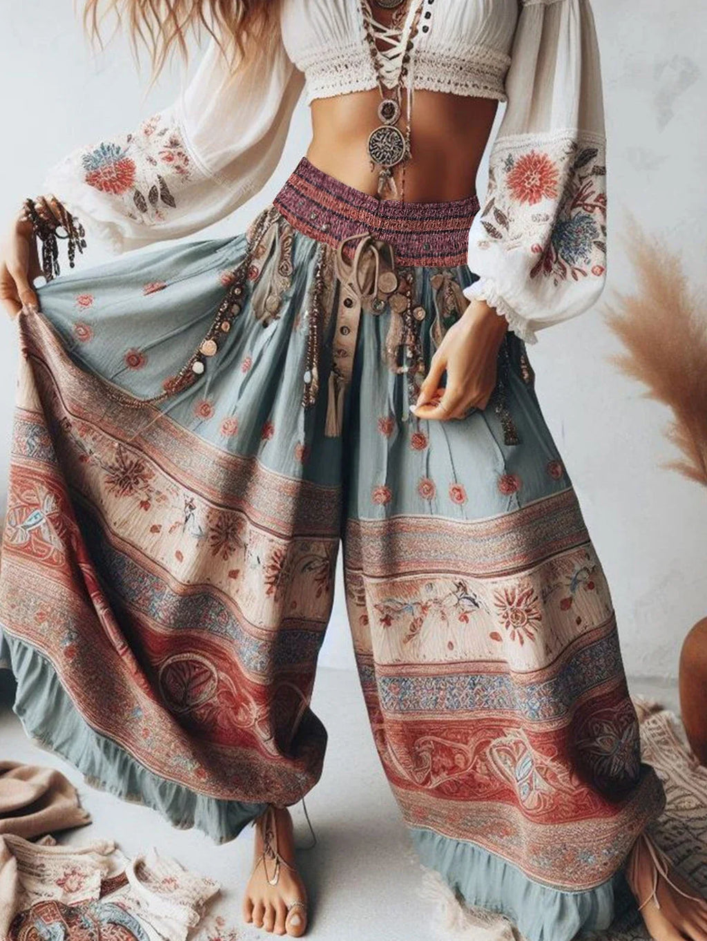 Women's Boho Wide Leg Floral Pants | High Waist Patchwork Trousers | Beach Ethnic Style