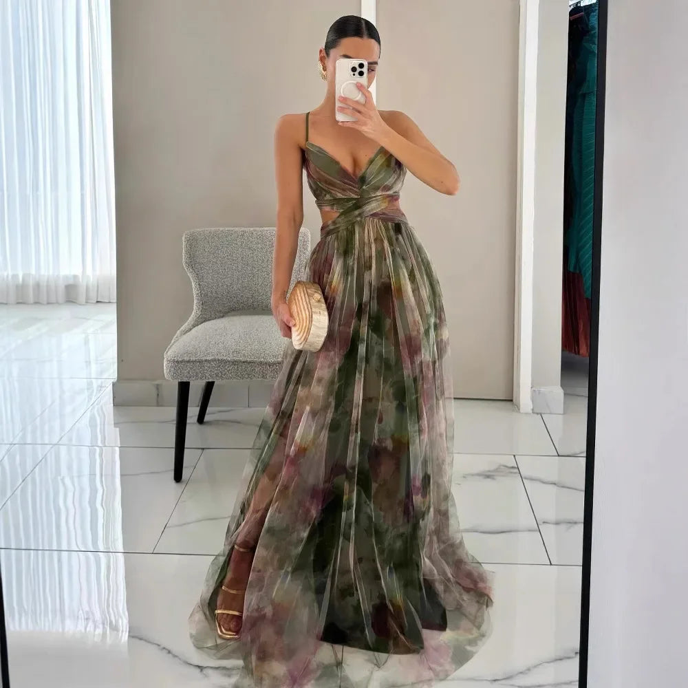 Women's Printed Mesh Midi Dress – Elegant Slim Fit Summer Party Dress