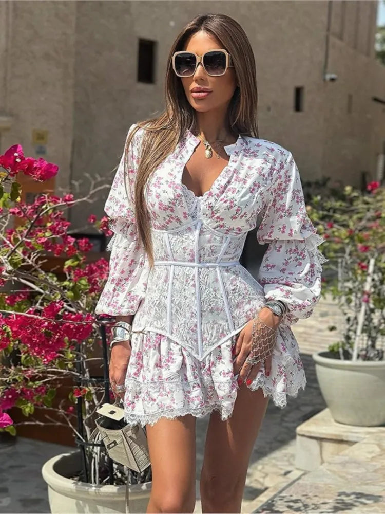 Women's Floral Lace A-Line Mini Dress – Lantern Sleeve V-Neck Sweet Party Dress | Spring Summer