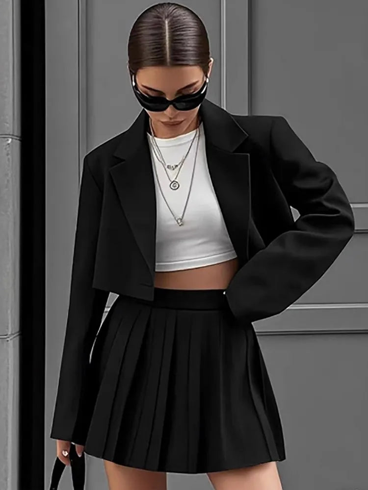 Women's Two-Piece Skirt Suit – Long Sleeve Notched Collar Top & Mini Skirt | Office Lady Spring Fashion