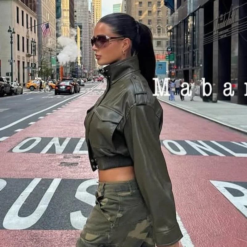 Women's Army Green Faux Leather Jacket – Streetwear Windbreaker Coat | Autumn