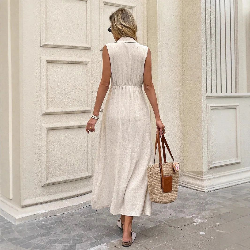Button-Up V-Neck Midi Dress – Sleeveless A-Line Slimming Dress for Women