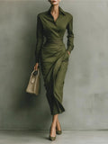 Women's Solid Midi Dress – Long Sleeve Turn-Down Collar | Office Lady Slim Fit | Spring Autumn