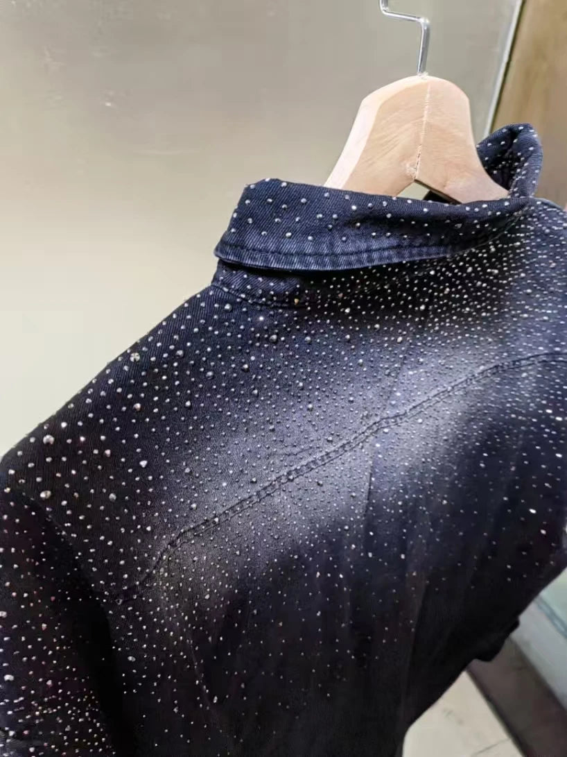 Women's Black Sequin Denim Shirt – Loose Casual Streetwear Jean Top | Autumn