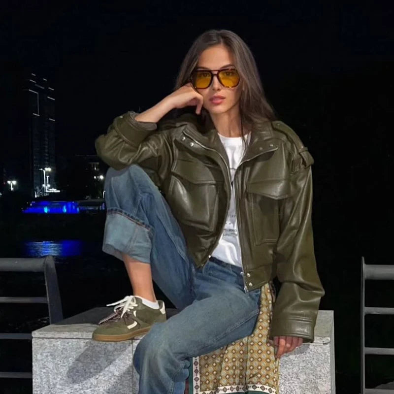 Women's Army Green Faux Leather Jacket – Streetwear Windbreaker Coat | Autumn