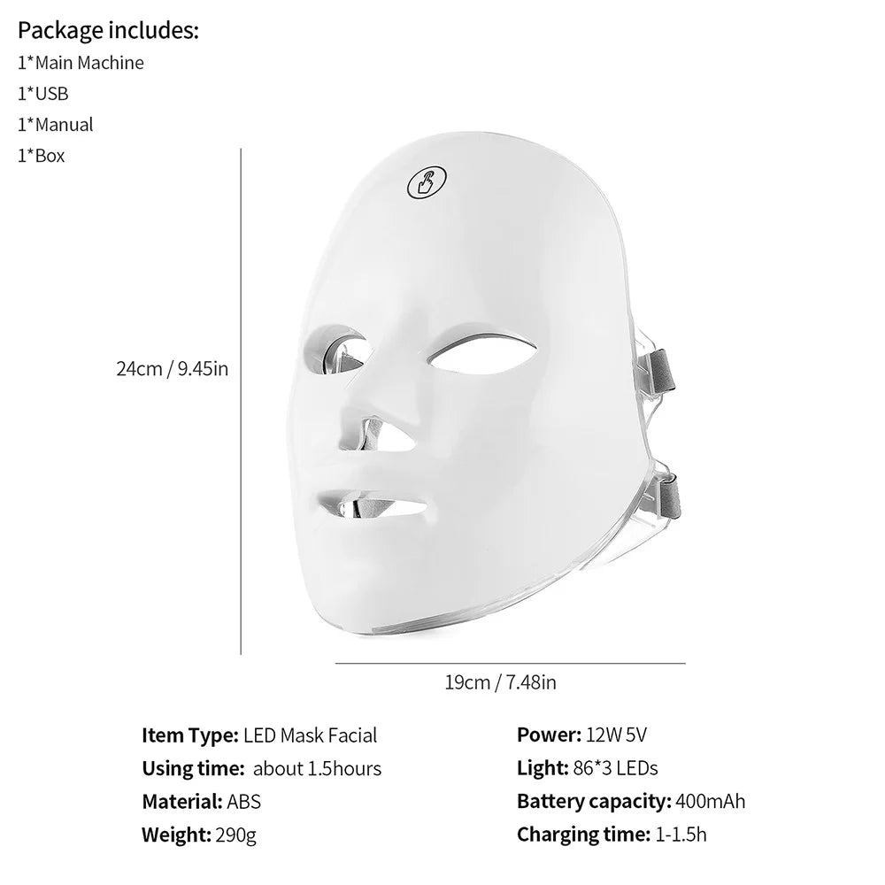 Máscara Facial LED 7 Cores Recarregável para Rejuvenescimento Lifting e Clareamento da Pele