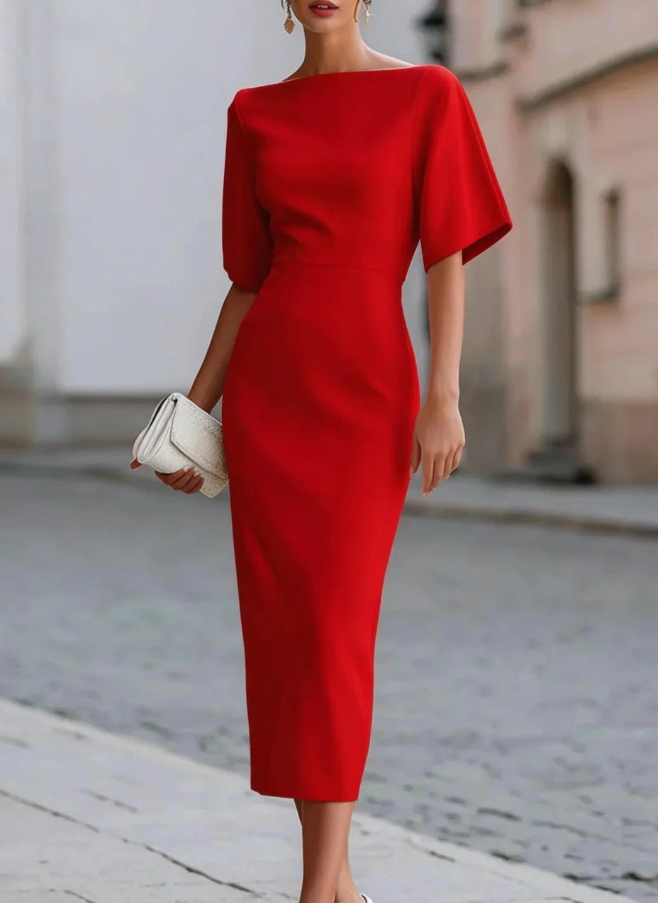 Elegant Slash Neck Midi Dress – Fitted Waist | Women's Formal & Party Wear