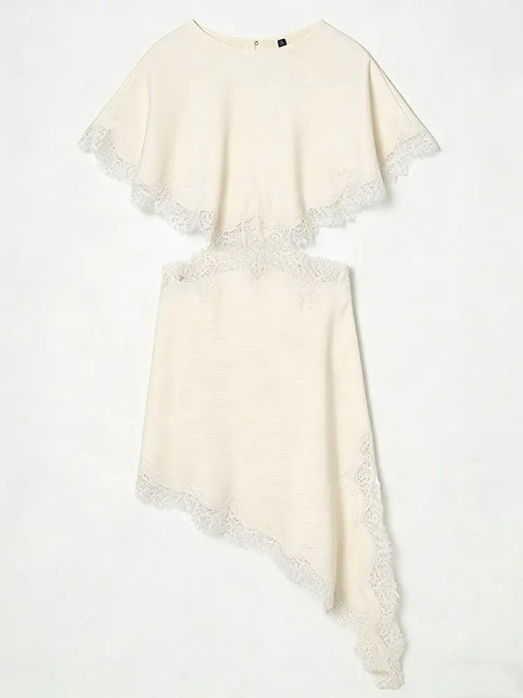 Lace Trim Cutout Asymmetrical Midi Dress – Hollow Out Cloak Sleeve | Women's Elegant Sexy Club Wear