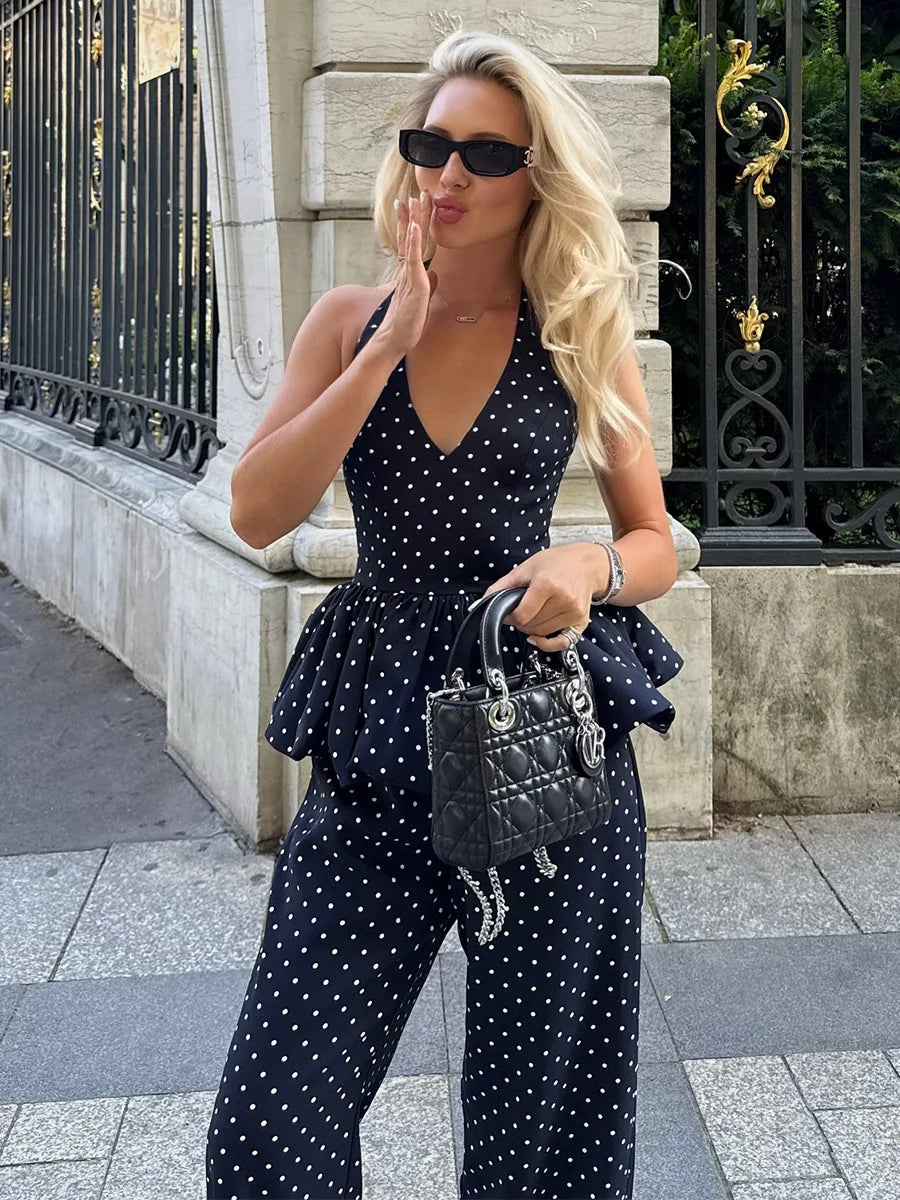 Women's 2-Piece Polka Dot Set – Sleeveless Top & High-Waist Pants Outfit